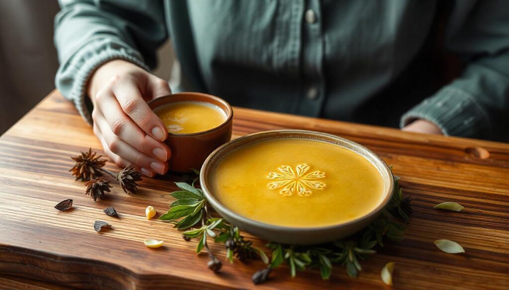 Uma xícara de chá fumegante de erva-doce sobre uma mesa de madeira rústica, rodeada por sementes de erva-doce espalhadas e algumas folhas frescas da planta. Ao fundo, uma pessoa relaxada segurando sua barriga, sugerindo alívio digestivo.